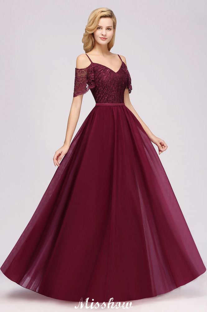 Vestido de dama de honor burdeos corte A con hombros descubiertos, largo hasta el suelo, de tul.