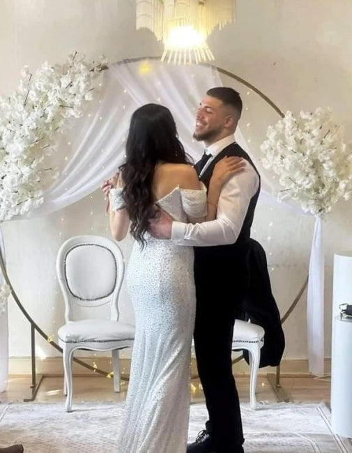 Off the Shoulder Chapel Sequined Floor Length Wedding Dress