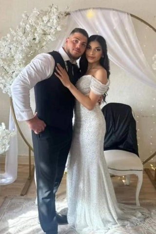 Robe de mariée longue à sequins, épaules dénudées, style chapelle