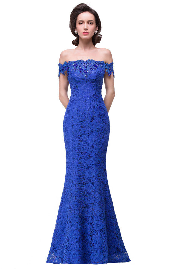 Vestidos de dama de honor de encaje estilo sirena con hombros descubiertos y largo hasta el suelo