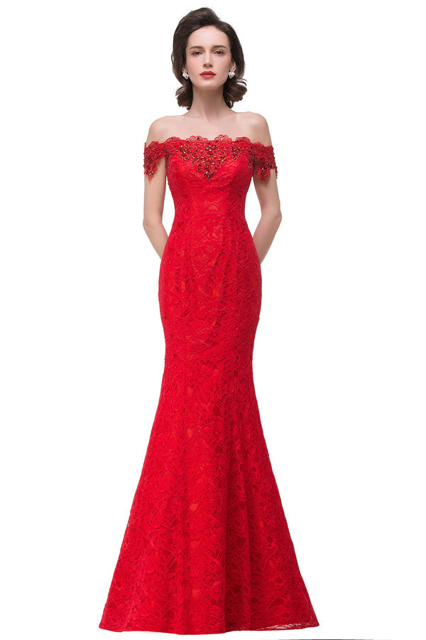Vestidos de dama de honor de encaje estilo sirena con hombros descubiertos y largo hasta el suelo
