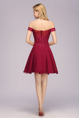 Off the Shoulder Floral Lace Short Homecoming Dress Burgundy Knee Length Chiffon Evening Dress