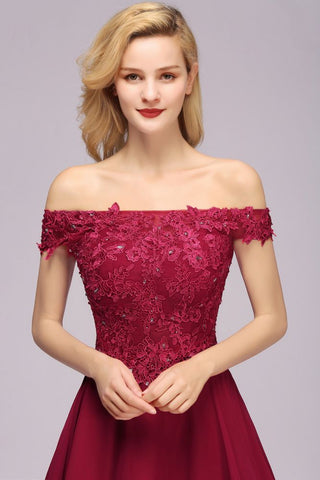 Off the Shoulder Floral Lace Short Homecoming Dress Burgundy Knee Length Chiffon Evening Dress
