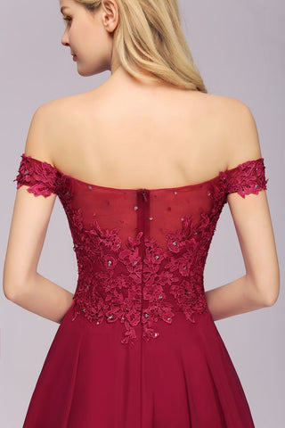 Off the Shoulder Floral Lace Short Homecoming Dress Burgundy Knee Length Chiffon Evening Dress