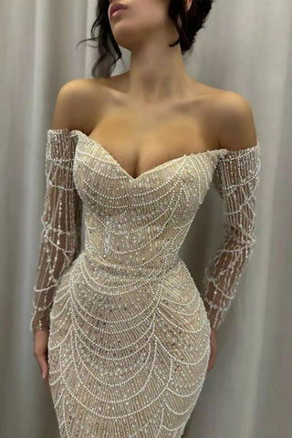 Robe de soirée sirène à manches longues et épaules dénudées, avec perles et paillettes