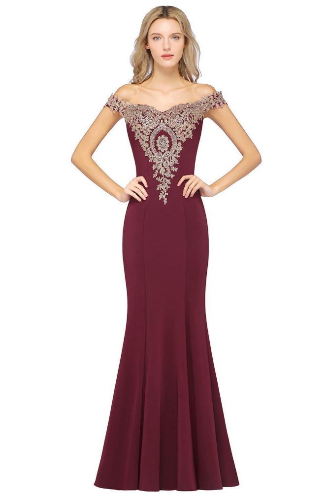 Robe de soirée sirène à épaules dénudées et appliques dorées
