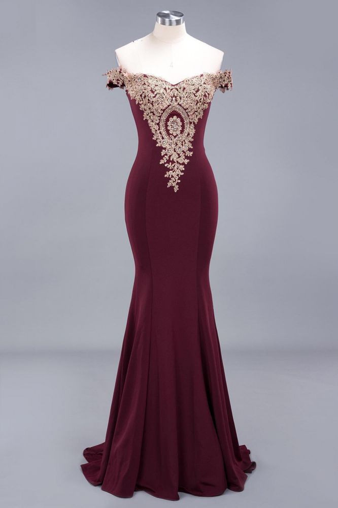 Robe de soirée sirène à épaules dénudées et appliques dorées