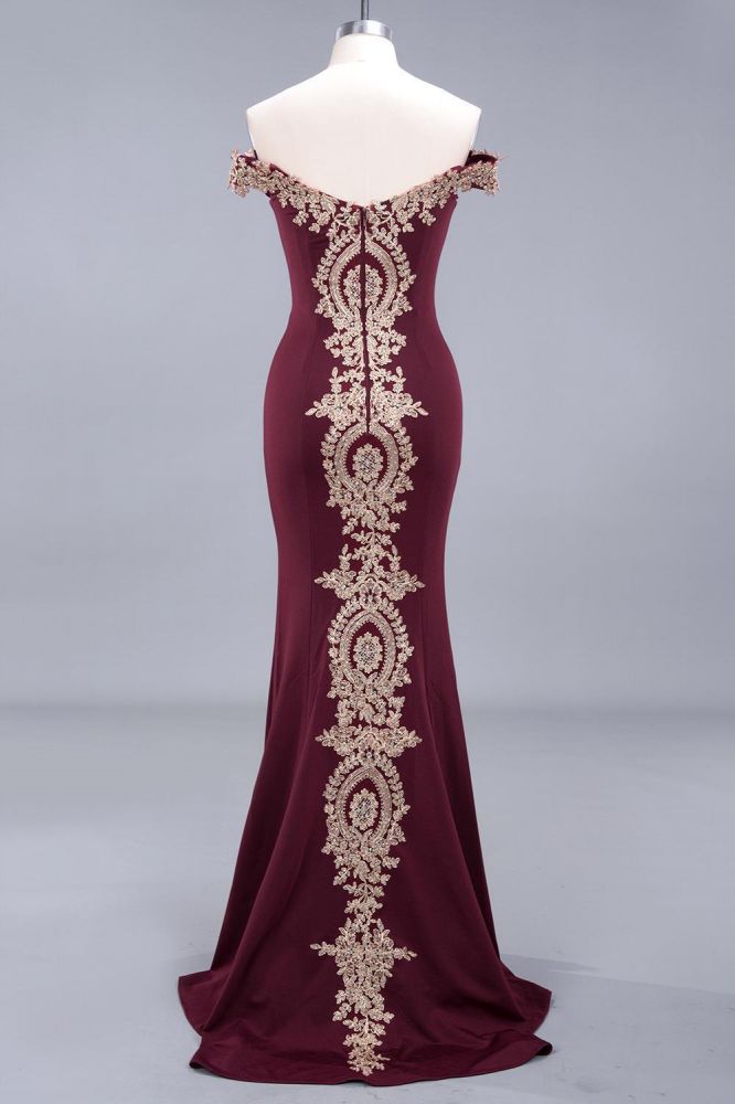 Robe de soirée sirène à épaules dénudées et appliques dorées