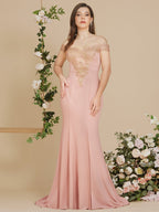 Robe de soirée sirène à épaules dénudées et appliques dorées