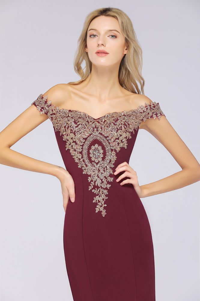 Robe de soirée sirène à épaules dénudées et appliques dorées