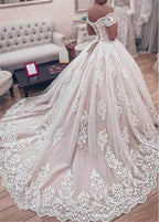 Vestido de novia de baile con apliques de encaje y hombros descubiertos WD027