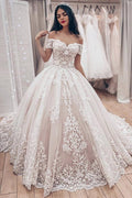 Vestido de novia de baile con apliques de encaje y hombros descubiertos WD027