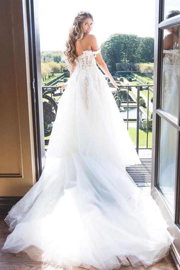 Robe de mariée princesse en tulle modeste, épaules dénudées, ornée d'appliqués de dentelle (WD445)