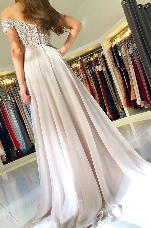 Off-the-Shoulder Lace Prom Dresses Online Sheer Tulle Chiffon Long Formal Evening Gowns with Buttons