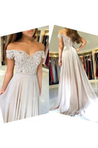 Off-the-Shoulder Lace Prom Dresses Online Sheer Tulle Chiffon Long Formal Evening Gowns with Buttons