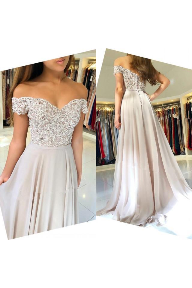 Off-the-Shoulder Lace Prom Dresses Online Sheer Tulle Chiffon Long Formal Evening Gowns with Buttons