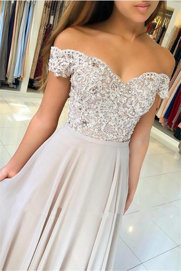 Off-the-Shoulder Lace Prom Dresses Online Sheer Tulle Chiffon Long Formal Evening Gowns with Buttons