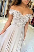 Off-the-Shoulder Lace Prom Dresses Online Sheer Tulle Chiffon Long Formal Evening Gowns with Buttons