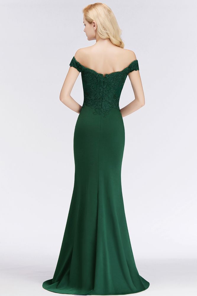 Vestido de fiesta largo de sirena con apliques de satén y hombros descubiertos, ideal para damas de honor.