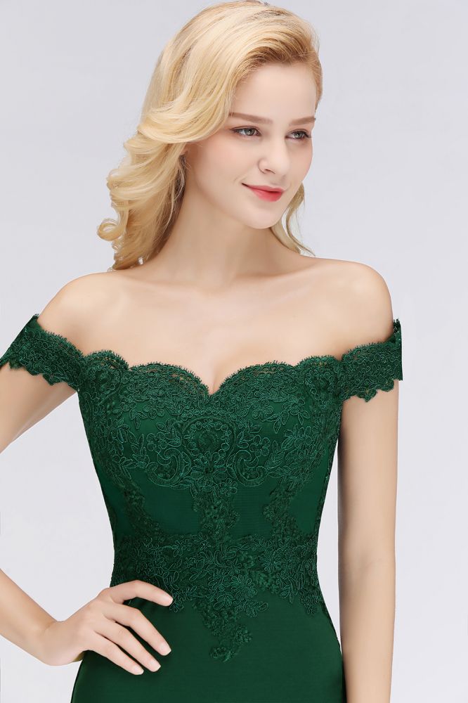 Robe de bal sirène longue en satin à épaules dénudées et appliques, robes de demoiselle d'honneur