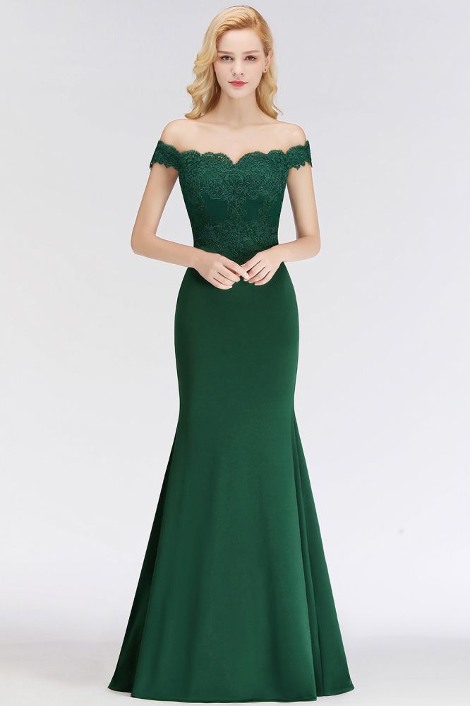 Vestido de fiesta largo de sirena con apliques de satén y hombros descubiertos, ideal para damas de honor.