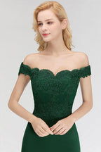 Robe de bal sirène longue en satin à épaules dénudées et appliques, robes de demoiselle d'honneur