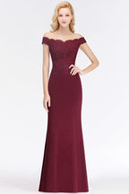 Robe de bal sirène longue en satin à épaules dénudées et appliques, robes de demoiselle d'honneur
