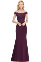 Robe de bal sirène longue en satin à épaules dénudées et appliques, robes de demoiselle d'honneur