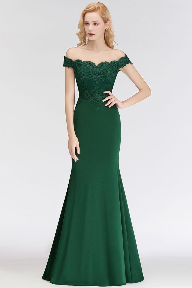 Robe de bal sirène longue en satin à épaules dénudées et appliques, robes de demoiselle d'honneur