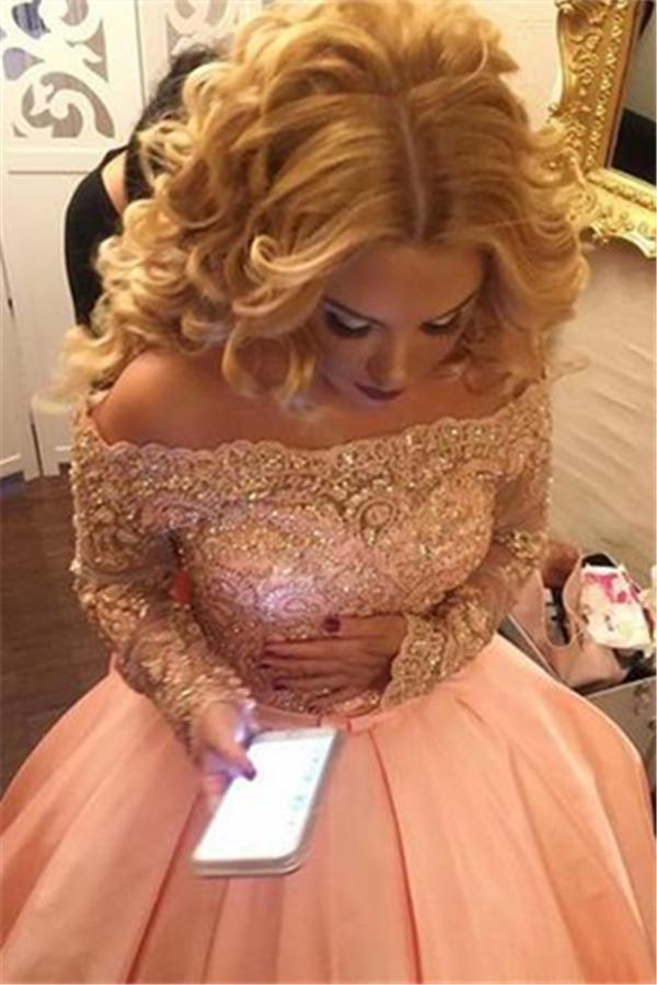 Off-the-Shoulder Long Sleevess Evening Dresses Lace Puffy Skirt Prom Dresses Online