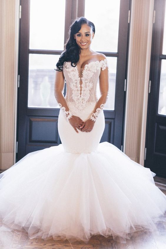 Robe de mariée sirène à épaules dénudées - Nouveauté - Manches longues - Vêtements de mariée