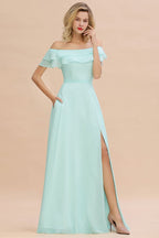 Robe de demoiselle d'honneur mini-verte à épaules dénudées et fente sur le devant, coupe trapèze, robe de mariée de plage