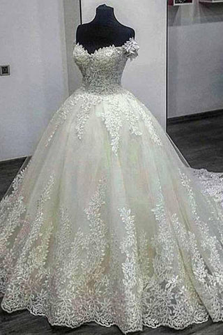 Robe de mariée de bal à épaules dénudées avec applications de dentelle WD276