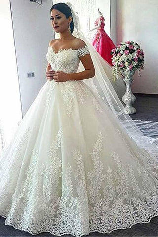 Robe de mariée de bal à épaules dénudées avec applications de dentelle WD276