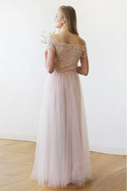 Robe de mariée longue en dentelle et tulle rose à épaules dénudées WD234