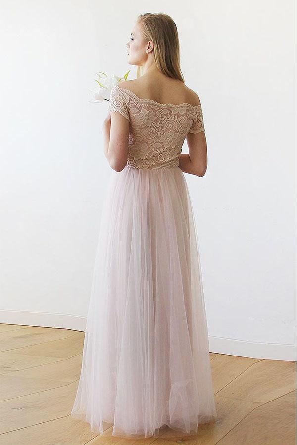 Robe de mariée longue en dentelle et tulle rose à épaules dénudées WD234