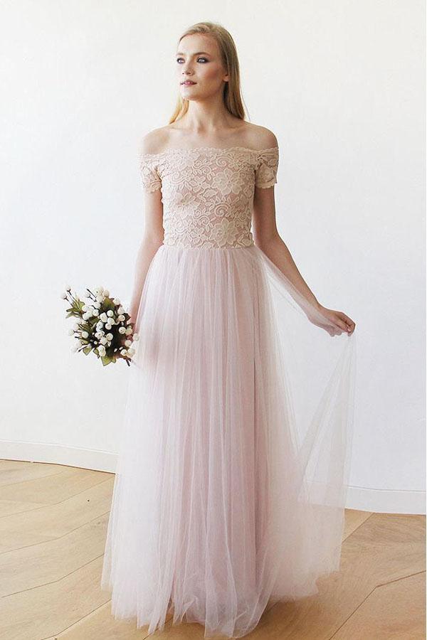 Robe de mariée longue en dentelle et tulle rose à épaules dénudées WD234