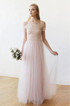 Robe de mariée longue en dentelle et tulle rose à épaules dénudées WD234