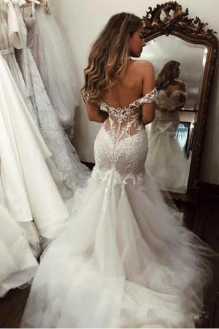 Vestidos de novia largos de tul con encaje y escote sirena, estilo sirena, con hombros descubiertos. 