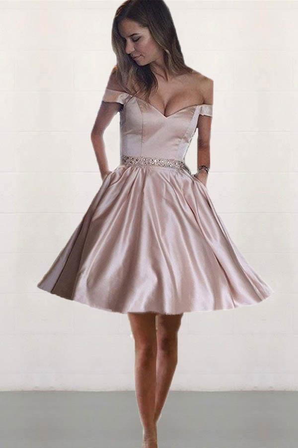 Robe de bal de promo en satin à épaules dénudées et perles, avec poche PD167