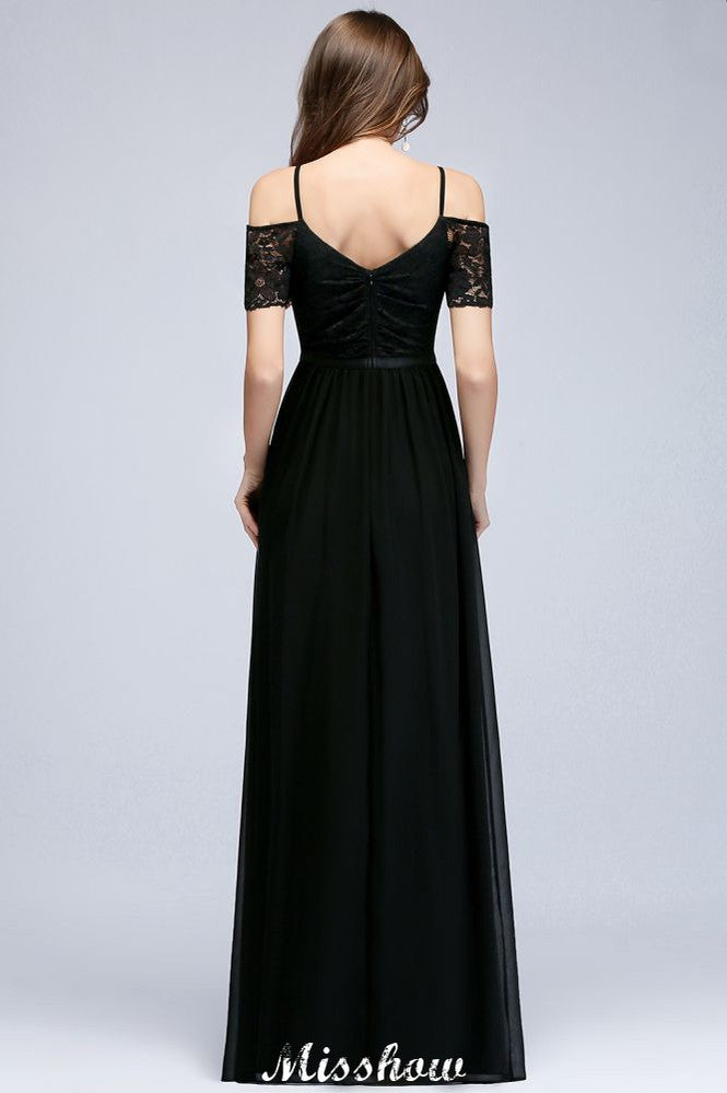 Vestido de dama de honor largo hasta el suelo, corte en A, sin mangas y con hombros descubiertos, de gasa y encaje, con escote en V.