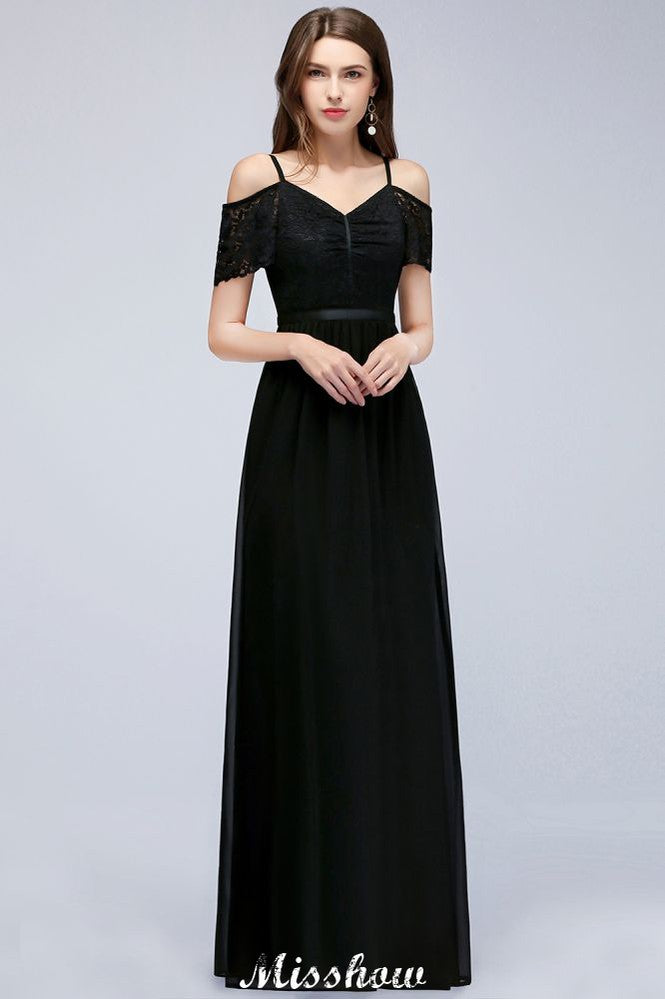 Vestido de dama de honor largo hasta el suelo, corte en A, sin mangas y con hombros descubiertos, de gasa y encaje, con escote en V.