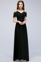Vestido de dama de honor largo hasta el suelo, corte en A, sin mangas y con hombros descubiertos, de gasa y encaje, con escote en V.