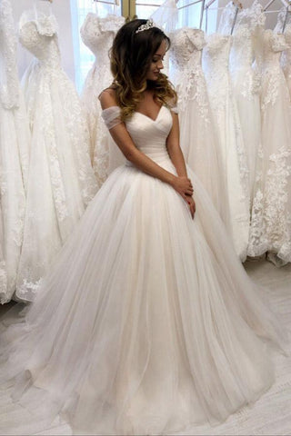 Vestido de novia blanco con escote corazón y tul con hombros descubiertos WD020