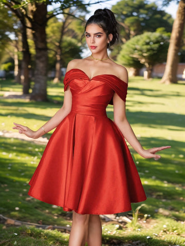 Modest Knee Length Off The Shoulder Homecoming Dresses VMH114