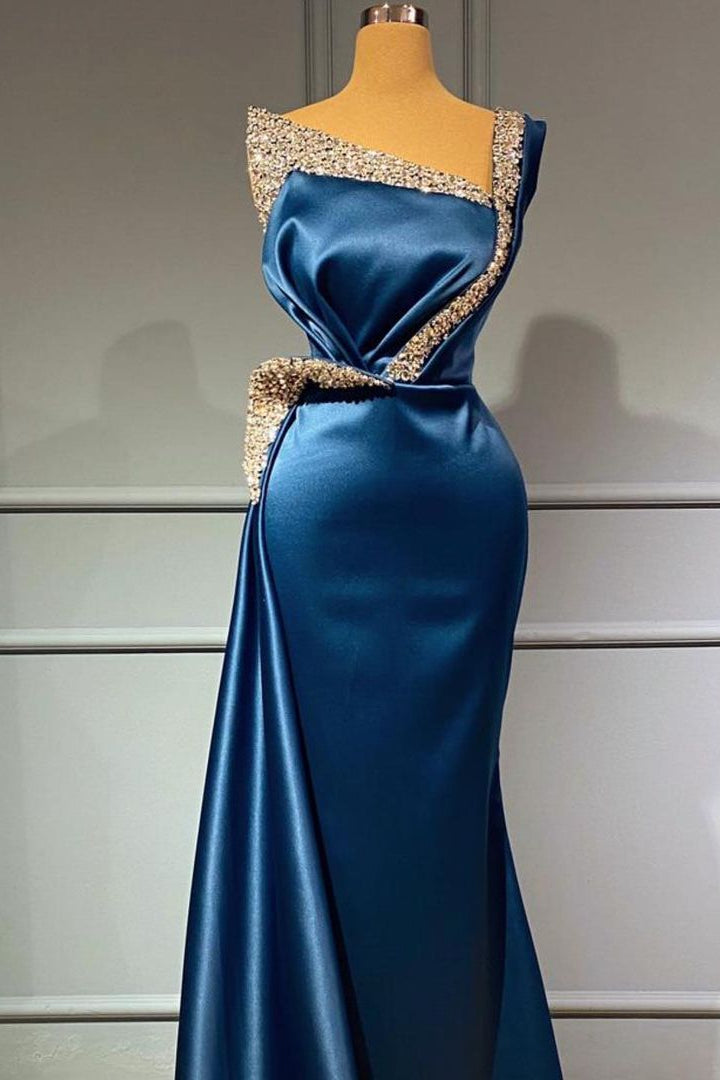 One Shoulder Blue Sequns Long Mermaid Prom Dress Beading