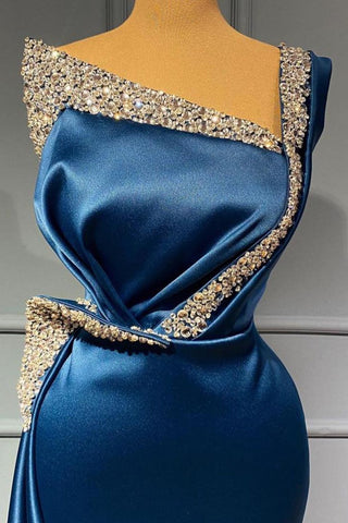Robe de bal sirène longue à sequins bleus asymétriques et perles