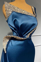 One Shoulder Blue Sequns Long Mermaid Prom Dress Beading