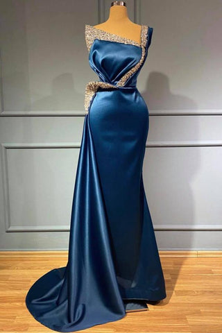 Robe de bal sirène longue à sequins bleus asymétriques et perles