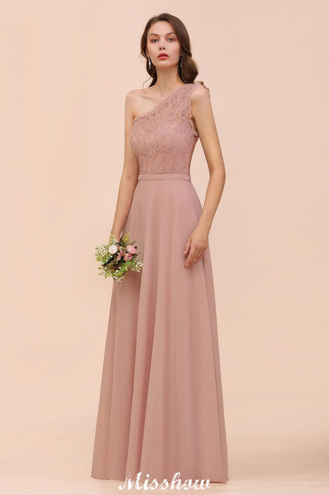 Vestido de dama de honor de gasa con un solo hombro, color rosa empolvado, ideal para invitadas de boda.